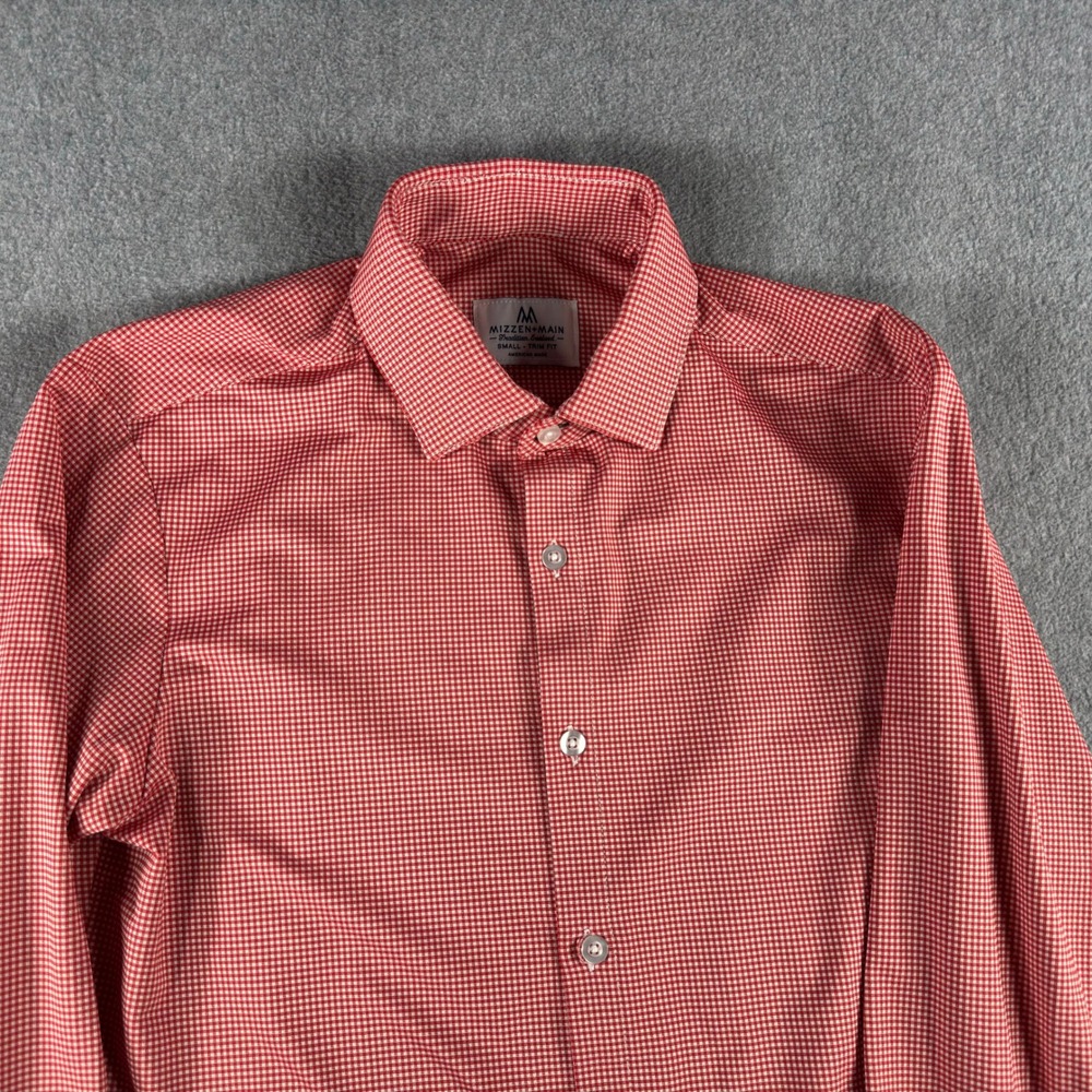 Mizzen+Main Shirt Mens S Red Gingham Check Performance Made in USA Trim Fit
